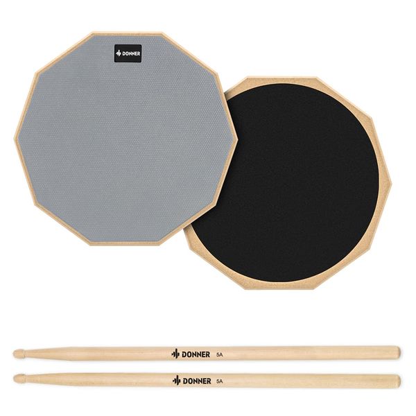 Donner Drum Practice Pad 8 Inches, Silent Practice Drum Pad 2-Sided With Drum Sticks - Gray