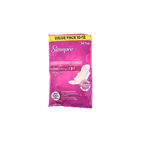 24 Ultra Sanitary Towels Long+ Wings with Aloe Vera (1 Pack) - Siempre Hygiene Pads