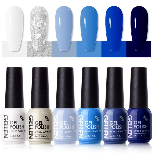 Gellen Gel Nail Polish Set, 6 Colors Blue Gel Polish White Glitter Nail Polish Set, Soak Off UV Gel Summer Gel Polish Set Manicure DIY Home Salon Nail Art