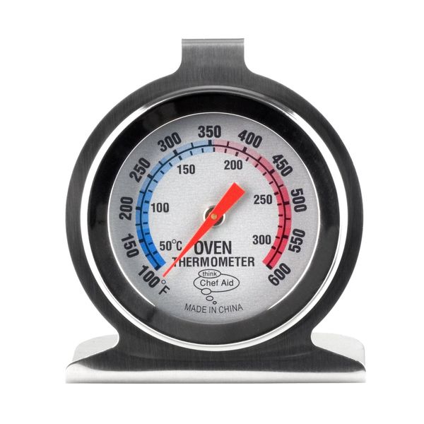 Chef Aid Stainless Steel Oven Thermometer for use with fan, gas, electric, pizza oven, air fryer, or range cooker - cooking/baking/grilling/BBQ, hang or stand inside oven, Easy to read display