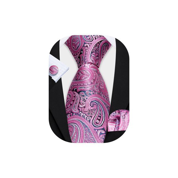 Barry.Wang Mens Tie Set Paisley Pink Black Necktie Pocket Square Cufflinks Weddng Business Formal Party