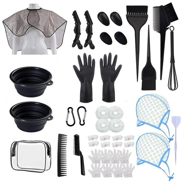 43 Pieces Pro Salon Hair Coloring Kit,Hair Dye Brush and Bowl Set,Highlighting Frosting Cap with Plastic Hooks,Dyeing Shawl,Ear Cover,Gloves,Clip for Dyeing Hair Hairdressing Tools