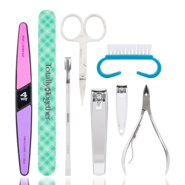 TRIM Manicure & Pedicure Kit – Includes Fingernail Clipper, Toenail Clipper, Nail Scissors, Cuticle Nipper, Cuticle Pusher, Nail Brush, Salon Board, 4-Step Buffing Board & Storage Pouch – 8 Pieces