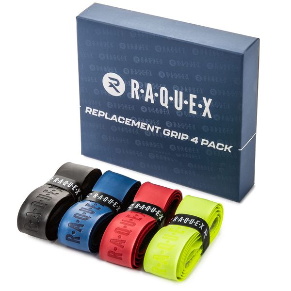 Raquex Enhance Replacement Racket Grip: Tennis Grip, Badminton, Squash Grip Tape, Padel, Pickleball. 14 Colours. Premium, Self-Adhesive Tennis Racquet Grip with Finishing Tape (Mix & Match, 4 Grips)