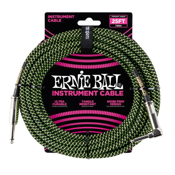 Ernie Ball 25 ft Braided Straight / Angle Instrument Cable - Black / Green