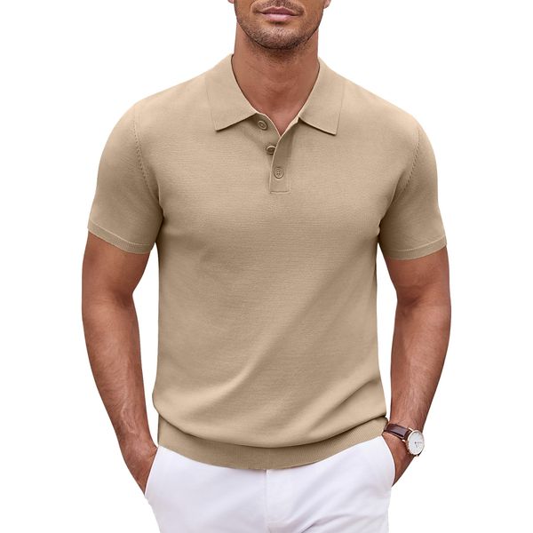 COOFANDY Strick Poloshirt Herren Kurzarm Sommer Casual Sport Polohemd für Männer Outdoor Golf Polo T Shirt Khaki M