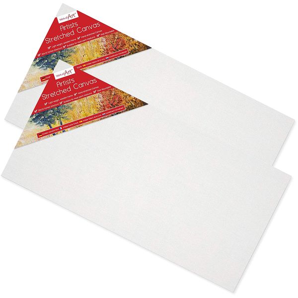 Pack of 2 Pre-Stretched 20" x 10" Artists Canvases, Blank Primed Cotton Wall Mountable Painting Boards Ideal for Oil & Acrylic Paints