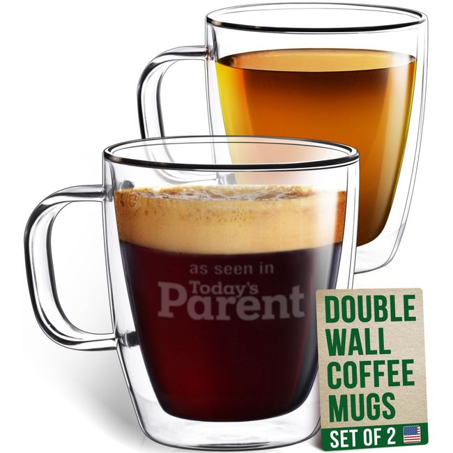 Eparé 13 oz Double Wall Coffee Mugs Set of 2 - Large Iced Latte Glass Coffee Cups with Handle - Lightweight Double Walled Glass Coffee Mug - Cappuccino, Tea, or Espresso Glass Cups