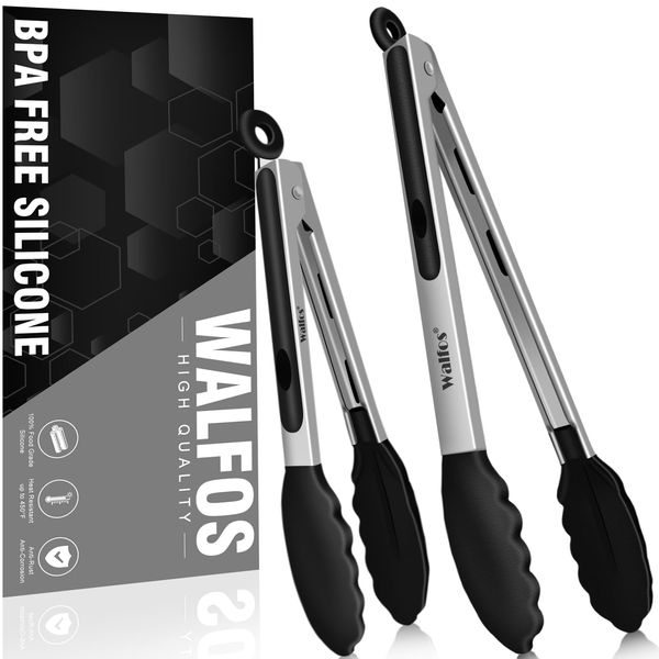 Kitchen Tongs - Walfos Silicone Tongs, Kitchen Tong,Thickened Stainless Steel and BPA Free Silicone Tips, Non Scratch, Great for Cooking, Turning, Serving Tongs, 18cm/ 23cm Food Tongs - Black