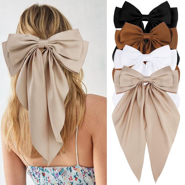 Velscrun Hair Bows for Women Girls 4Pcs White Silky Hair Bow Khaki Satin Large Coquette Bow Brown Big Hair Bows Clip Oversized Hair Ribbons Long Tail Black Bow Hair Barrettes Hair Accessories Gifts