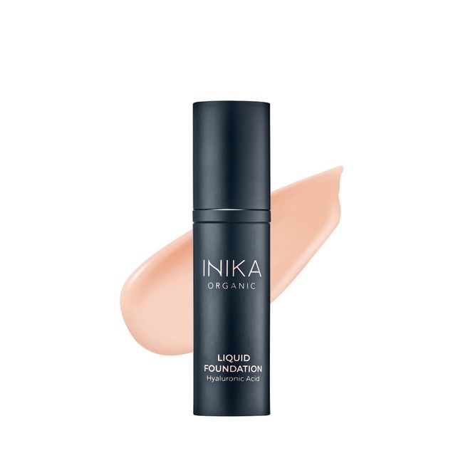 INIKA Organic Full Coverage Liquid Foundation Makeup with Hyaluronic Acid and Argan Oil, Vegan and Organic Foundation for Skin Elasticity and Plumpness, Natural Coverage, Porcelain, 30ml