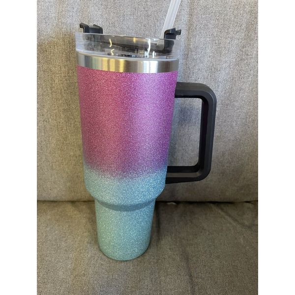 40oz Pink & Teal Glitter Tumbler Cup w/Handle & Straw -Insulated Travel Mug