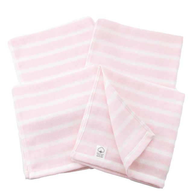 MukoTowel Double Gauze Striped, Face Towel, Senshu Towel, Thin, Made in Japan, Quick Dry, Set of 4 Towels, Pale Pink