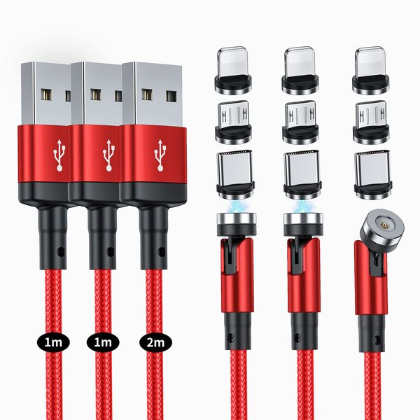 SUNTAIHO Magnetic Charging Cable, 3-in-1 USB Cable, 3-in-1 USB Cable, 360° + 180 Degree Rotation, Magnetic, Dustproof, Detachable Light, Micro USB Type-C Connector, Type C, Micro USB Cable - DZCX - Red