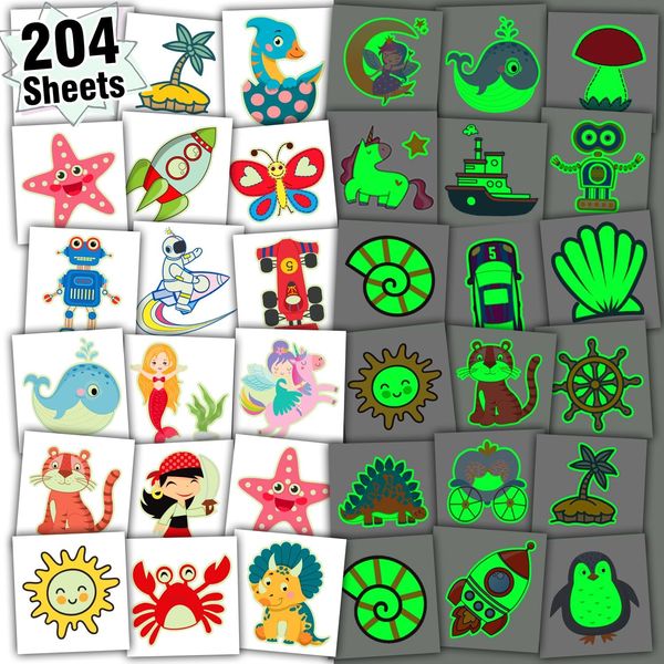 Leesgel Luminous Kids Tattoos, 204 Sheets Individually Wrapped Temporary Tattoos for Boys Girls Party Bag Fillers Birthday Favours Classroom Games Supplies, Glow Stickers Light Up Toys