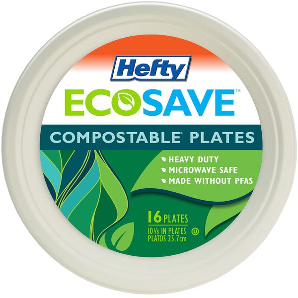 Hefty ECOSAVE 100% Compostable Paper Plates, 10-1/8 Inch, 16 Count