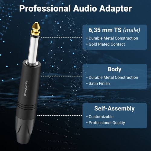 deleyCON 2 x 6.3 mm Audio Adapter Mono - 6.35 mm TS Jack Plug to Raw Connection for Cables and Devices - Speaker, Microphone, Mixer, Musical Instrument, Recording Studio