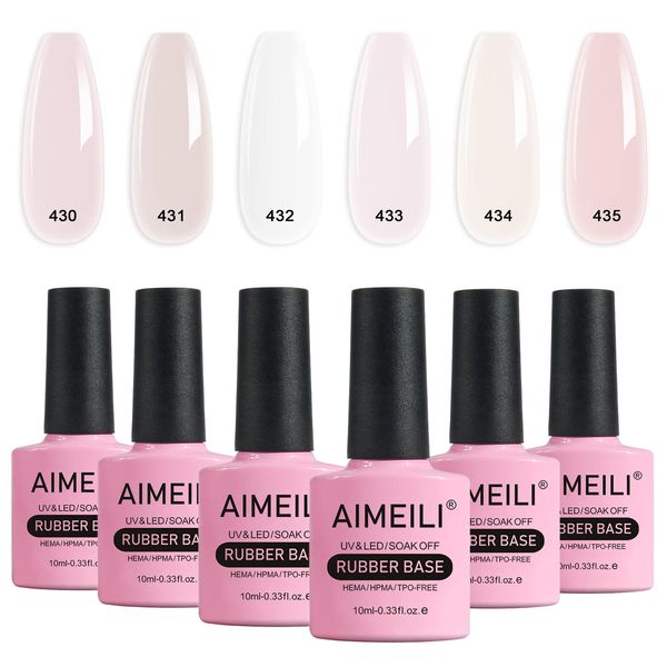 AIMEILI 5-In-1 Rubber Base Gel Set For Nails, Sheer Pink Nude Color Gel Nail Polish UV LED Soak Off, Elastic Nail Strengthener Long Lasting 6pcs X 10ml - Gift Kit 44