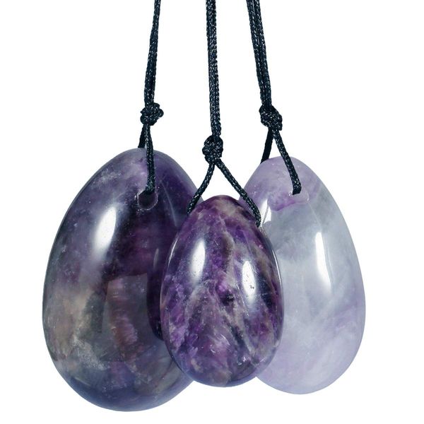 mookaitedecor Amethyst Yoni Eggs Set of 3, Predrilled with Unwaxed String, Massage Stones for Women to Strengthen Pelvic Floor Muscles with Velvet Pouch