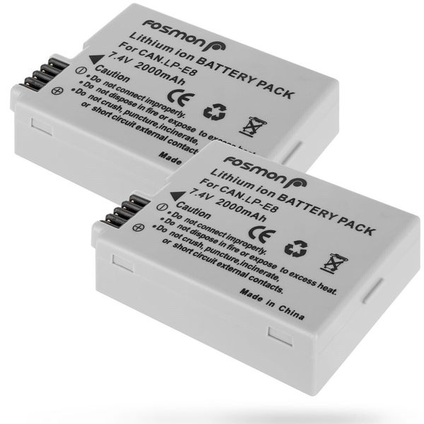 Fosmon 2x 2000mAh High Capacity Replacement Battery Pack for Canon LP-E8 Battery