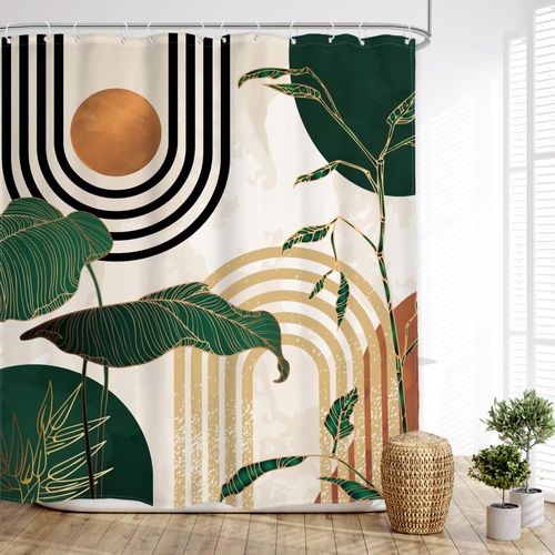 Glawry Green Boho Shower Curtain 60Wx72L Inches, Abstract Retro Mid Century Shower Curtains for Bathroom Decor,Minimalist Tropical Modern Shower Curtain Set Home Decor 12 Pack Hooks