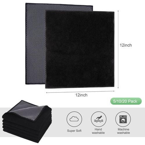 SINLAND Microfiber Dish Cloth for Washing DishesBest Kitchen Washcloth Cleaning Cloths with Poly Scour Side 12Inchx12Inch 5Pack, Black