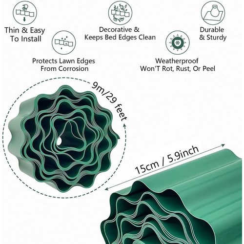 KAHEIGN Plastic Garden Edging, 9m x 15cm Flexible Lawn Edging Fence for Garden Borders, Flower Beds And DIY Outdoors Landscaping