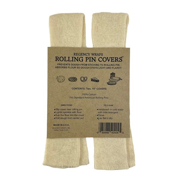 Regency Wraps Rolling Pin Cover for Non-Stick Dough Rolling, 100% Cotton Absorbs Excess Four So Pastries Come Out Light and Flakey, 15" Pack of 2