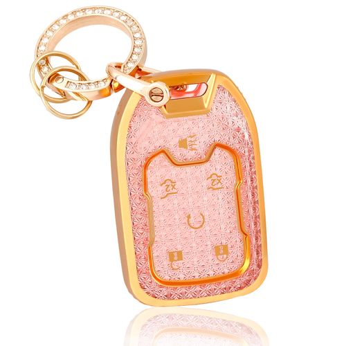 OFF WE GO Key Fob Cover with Keychain, Soft TPU Case Protection, Compatible with GMC Chevy Suburban Tahoe Acadia Terrain Yukon XL Smart Car Key Fob Holder, Pink