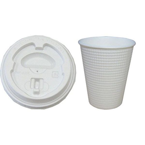 Insulation Embossed Paper Cups Hot Beverage 11 oz. 340ml White Solid Body + Lid Set 50 Pcs