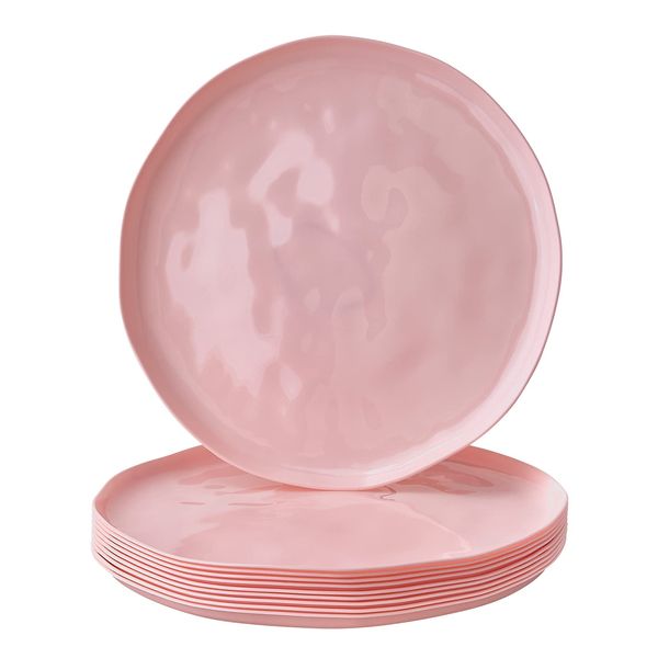 Pink Plastic Appetizer Plates for Party, (10 PC) Heavy Duty Disposable Dinner Set, 9”, Fine China Look Dishes, Great for Baby Showers, Holidays, Weddings and Events, Hammered Design - Lava Collection