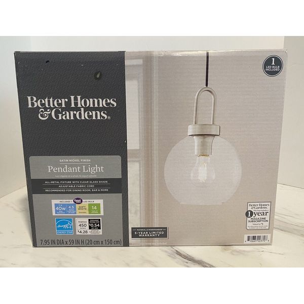 NEW! BETTER HOMES AND GARDEN PENDANT LIGHT SATIN Nickel Finish Clear Glass Globe