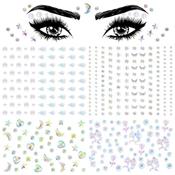 OIIKI 4 Sheets Star Heart Face Gems Stickers, Acrylic Crystal Eye Body Jewelry Sticker, Halloween Moon Pearls Butterfly Face Makeup Stickers, Rhinestone Tattoos for Women, Girls for Parties, Festivals