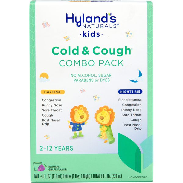 Hyland's Kids Cold & Cough, Day and Night Combo Pack, Cold Medicine for Ages 2+, Grape Flavor Syrup Cough Medicine for Kids, Nasal Decongestant, Allergy Relief, 4 Fl Oz (Pack of 2)