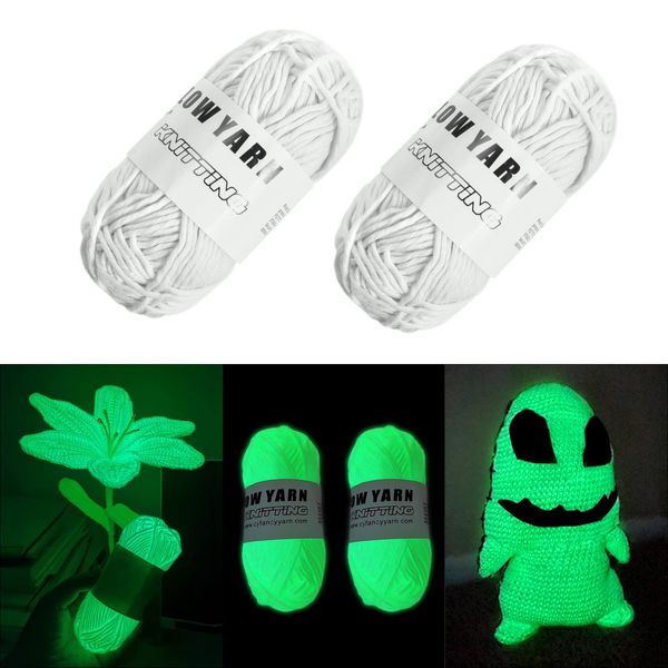 AUAUY Luminous Yarn, 2 PCS Polyester Yarn Glow in The Dark for Crocheting, 50 Yards Knitting Yarn DIY Handcraft Yards for Arts, Carpet Sweater Hat Scarf Gloves, Crafts & Sewing Beginners (White)