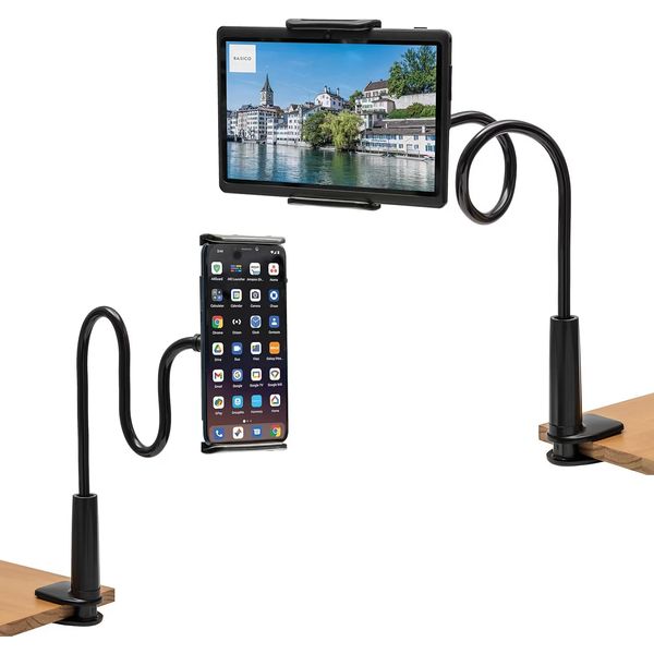 CLMCL Gooseneck Tablet Holder,Adjustable Tablet Holder Mount,Cell Phone Holder,Cell Phone Stand,Tablet Stand,Long Arm Bed Desk Bracket for cell phones and tablets 4-11 Inches Device (Black)