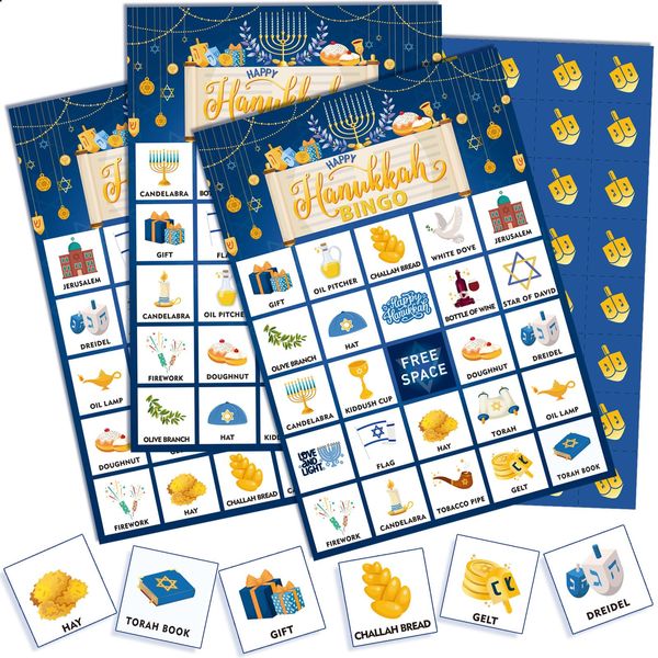 Liliful 35 Pcs Hanukkah Bingo Games Menorah Bingo Card for Adults Kids 24 Players Hanukkah Party Card Game Set Hanukkah Bingo Calling Cards for Teens School Family Hanukkah Party Games Favor Supply