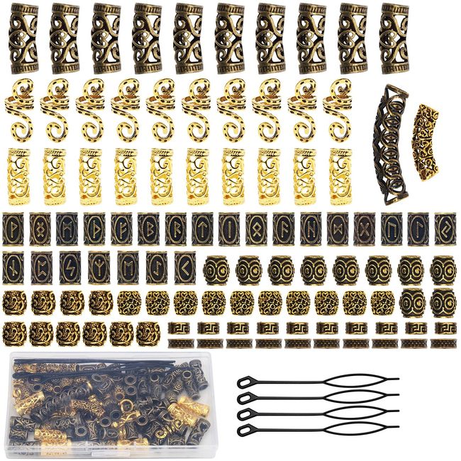 110 PCS Viking Beard Beads, AngleKai Gold Hair Accessories for Viking Hair Beads Beard Braiding Kits for Men and Women