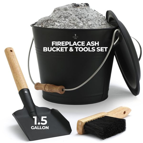 Mini Ash Bucket with Lid, includes Fireplace Tools, Pail, Shovel and Broom, 1...