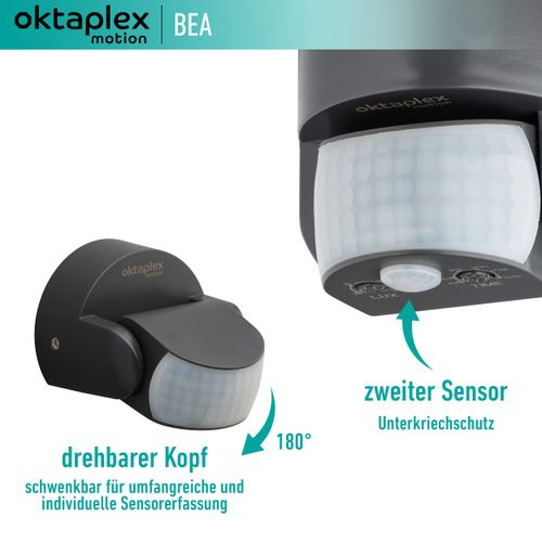 Oktaplex Bea Motion Sensor Outdoor IP65 Swivelling 180° Infrared Sensor 12 m Range 230 V Anthracite with Twilight Sensor