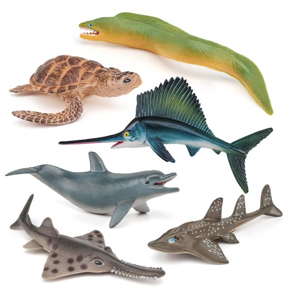 Ocean Sea Marine Animal Figure Toys Playsets 6 PCS Sawfish Dolphin Swordfish Conger EEL Sea Turtle Model Toy Desktop Decoration Collection Party Favors Toys for Boys Girls Kids