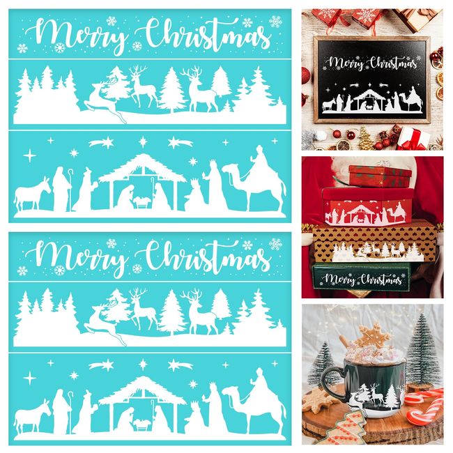 BEUNITONE 2PCS Christmas Silk Screen Stencil 11x8" Self-Adhesive Mesh Stencils Silkscreen Stencil for Chalk Paste with Reindeer Pine Tree for Printing on Wood Fabric Wall Cup Plate Glass Paper