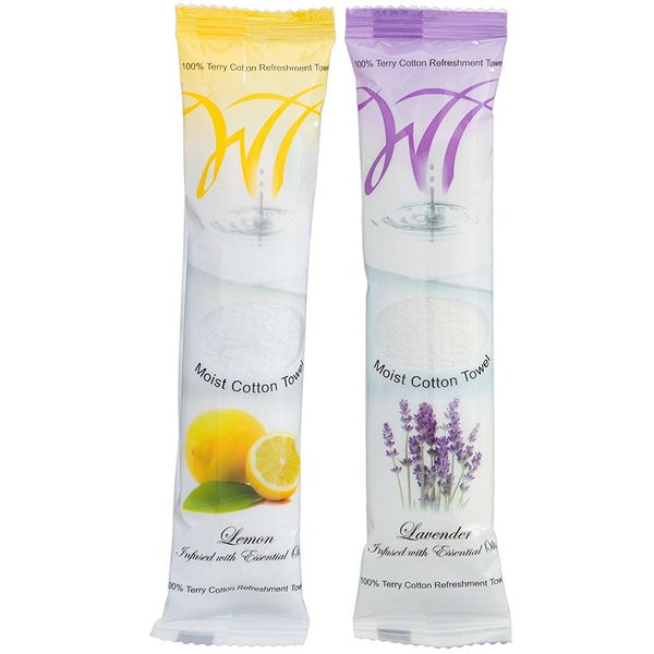 White Towel Services 8" x 8" inch Moist Cotton Towel Individually Wrapped - Lemon and Lavender (Case of 100)