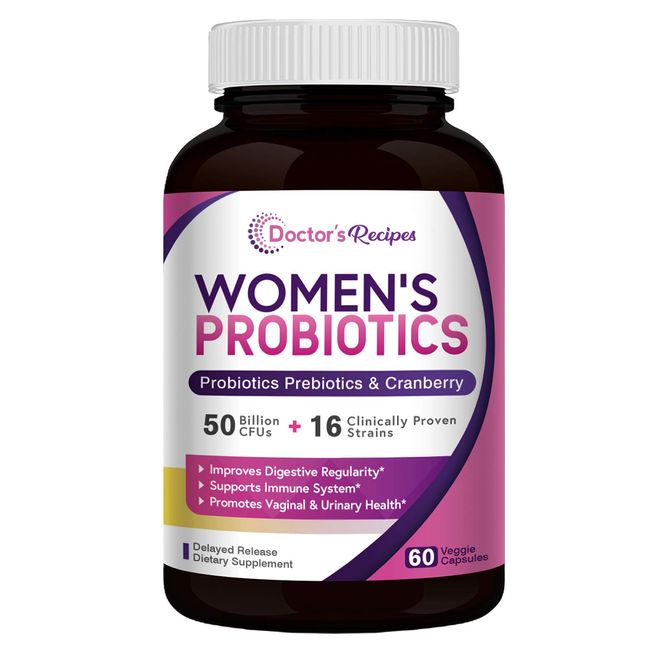 Doctor's Recipes Women’s Probiotic, 60 Caps 50 Billion CFU 16 Strains, with Organic Prebiotics Cranberry, Digestive Immune Vaginal & Urinary Health, Shelf Stable, Delayed Release, No Soy Gluten Dairy