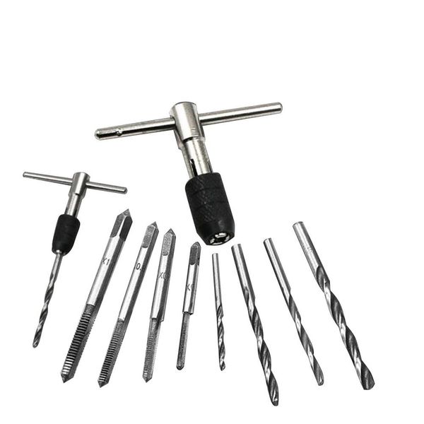 hand tap machine tap spiral tap 9pc hand tap set m2 twist drill bit t-handle wrench screw reamer m3-m6 tap wood soft metal aluminum hand tools wholesale, as shown