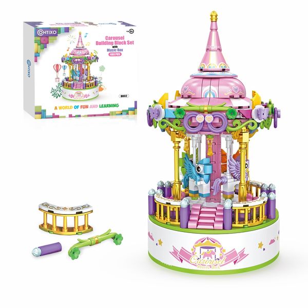 Contixo Building STEM Toys - BK02 488 PCS Carousel Music Boxes, Horse Rotating Building Blocks, Kids Building Toys for Girls Boys, Birthday Gifts for Adults, Daughter Christmas Festival Music Box