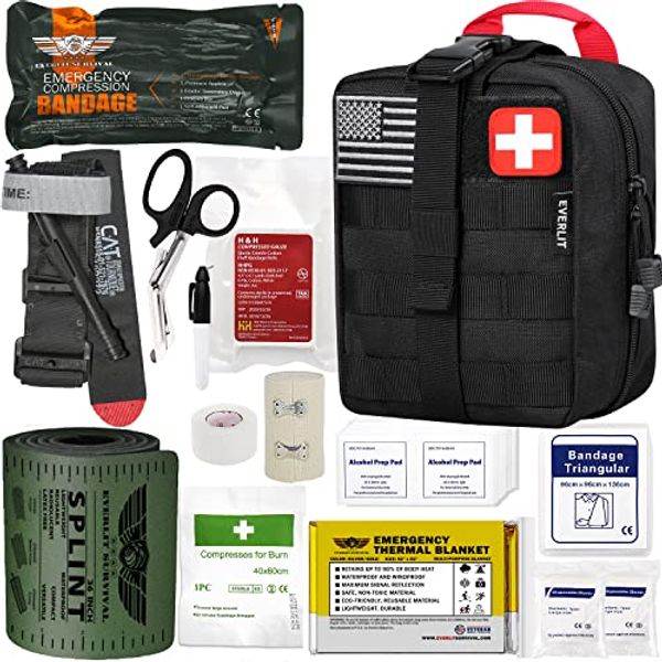 EVERLIT Emergency Trauma Kit, CAT GEN-7 Tourniquet 36" Splint, Military Combat Tactical IFAK for First Aid Response, Critical Wounds, Severe Bleeding Control (Black)