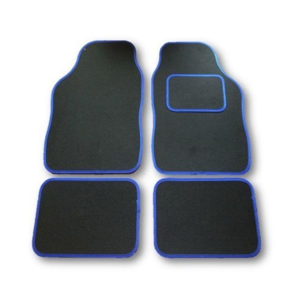 UNIVERSAL CAR FLOOR MATS BLACK WITH BLUE TRIM - 4 PIECE SET