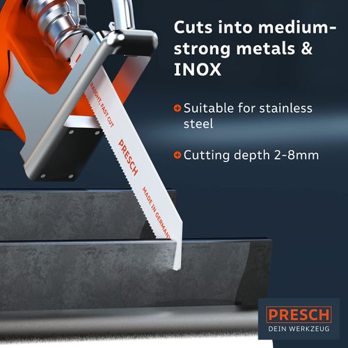 Presch Reciprocating saw blades metal and stainless steel 10 pcs (2-8mm) - 8% cobalt saw blades for stainless steels - Universal shaft reciprocating saw blades set incl. box
