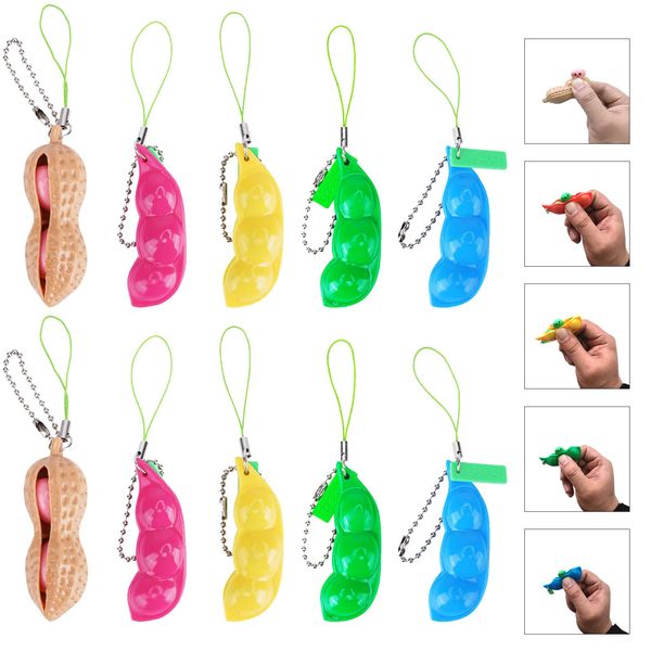 Volscity 10 Pack Edamame Keychain Fidget Toys,Squeeze&Beans,Peanuts Keychain Sensory Toys Set,Cute Facial Expressions Edamame Keychain Pea Pod Soybean Stress Relieving for Children and Adult